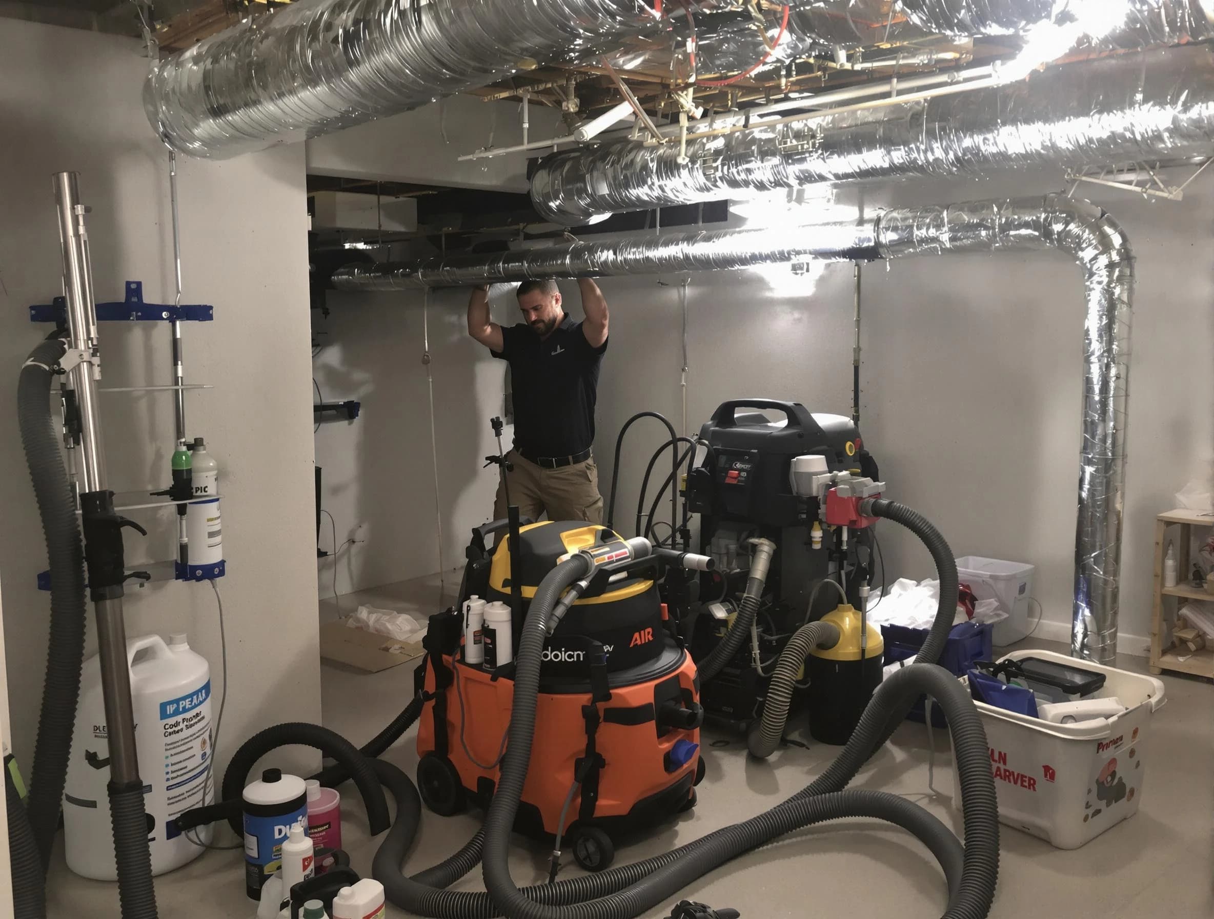 Frederick Air Duct Cleaning specialist performing professional mold removal from air ducts using safety equipment in Frederick